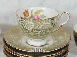 Royal Stafford 6 Teacups & Saucers Pattern 1842 Chintz Gold Leaves & Roses