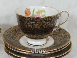 Royal Stafford 6 Teacups & Saucers Pattern 1842 Chintz Gold Leaves & Roses