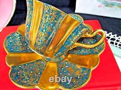 Royal Stuart tea cup and saucer painted beaded Jeweled teacup Green fairy shape