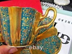 Royal Stuart tea cup and saucer painted beaded Jeweled teacup Green fairy shape
