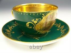 Royal Vienna Hand Painted Cupid Maiden Erinnerung Green Raised Gold Cup Saucer