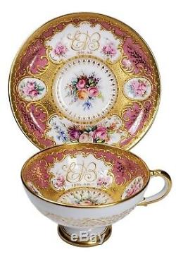 Royal Worcester 1904 Hand Painted Pink & Heavy Gold Porcelain Tea Cup Saucer