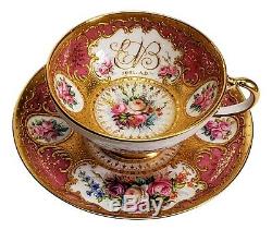 Royal Worcester 1904 Hand Painted Pink & Heavy Gold Porcelain Tea Cup Saucer