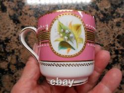 Royal Worcester Lily of Valley Pink Gold Enamel Jeweled Coffee Cup Saucer