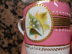 Royal Worcester Lily of Valley Pink Gold Enamel Jeweled Coffee Cup Saucer