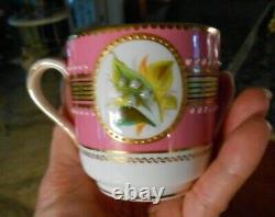 Royal Worcester Lily of Valley Pink Gold Enamel Jeweled Coffee Cup Saucer