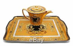 Royalty Porcelain 10-pc Yellow Dining Tea Set with Tray, Luxury Greek Key Medusa