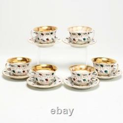 SET OF SIX (6) ANTIQUE BONE CHINA TEACUPS With SAUCERS, RARE INSECT BEETLE PATT