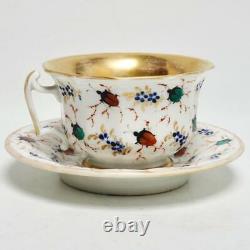 SET OF SIX (6) ANTIQUE BONE CHINA TEACUPS With SAUCERS, RARE INSECT BEETLE PATT