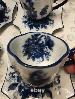 SET of 7 Cracker Barrel Blue & White Collection Teacup & Saucer Discontinued