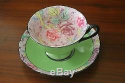SHELLEY rose Swansea Lace Gainsborough shape green chintz TEA CUP SAUCER 11302