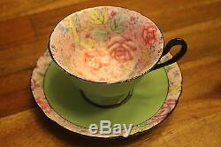 SHELLEY rose Swansea Lace Gainsborough shape green chintz TEA CUP SAUCER 11302