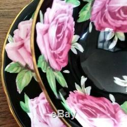 SOUGHT-AFTERED Aynsley Hand Painted Black Cabbage Roses China Teacup & Saucer