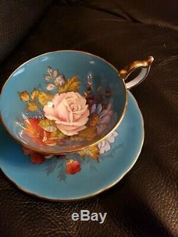 -SPECTACULAR and RARE Aynsley Cabbage Rose Teacup and Saucer Signed J A Bailey