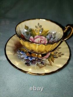 -SPECTACULAR and RARE Aynsley Cabbage Rose Teacup and Saucer Signed J A Bailey-