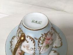 SS12 French Circa 19th Century Light Blue & White Hand Painted Teacup & Saucer