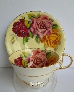 STUNNING AYNSLEY TEA CUP AND SAUCER w HUGE RED PINK YELLOW ROSES