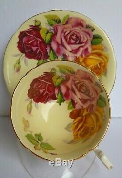 STUNNING AYNSLEY TEA CUP AND SAUCER w HUGE RED PINK YELLOW ROSES