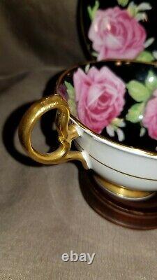 STUNNING and RARE Black Aynsley Pink Cabbage Roses Teacup and Saucer- England
