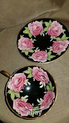 STUNNING and RARE Black Aynsley Pink Cabbage Roses Teacup and Saucer- England