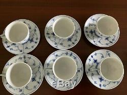 S/6 Vintage Royal Copenhagen Blue Fluted Teacups and Saucers Denmark