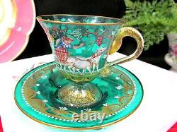 Salviati Italian Enameled farm Scene & Gold green Glass Cup & Saucer Moser a