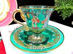 Salviati Italian Enameled farm Scene & Gold green Glass Cup & Saucer Moser a