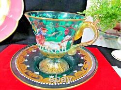 Salviati Italian Enameled farm Scene & Gold green Glass Cup & Saucer Moser a