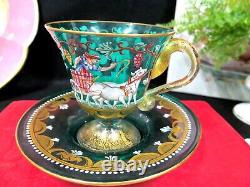 Salviati Italian Enameled farm Scene & Gold green Glass Cup & Saucer Moser a