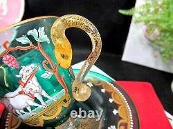 Salviati Italian Enameled farm Scene & Gold green Glass Cup & Saucer Moser a