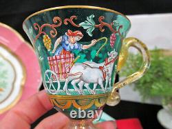 Salviati Italian Enameled farm Scene & Gold green Glass Cup & Saucer Moser a