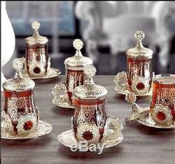 Seljuk tea Set Turkish Quality Tea Serving Set Cups Coated Handmade