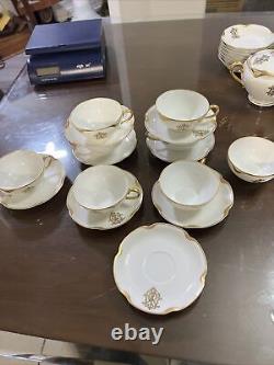 Set 8 Haviland Limoges CUP+SAUCER Monogrammed White Gold 1925