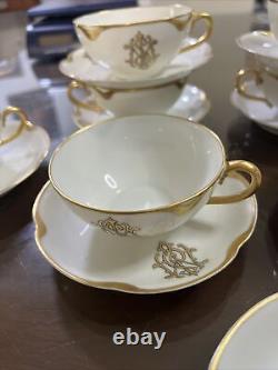 Set 8 Haviland Limoges CUP+SAUCER Monogrammed White Gold 1925