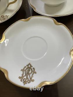 Set 8 Haviland Limoges CUP+SAUCER Monogrammed White Gold 1925