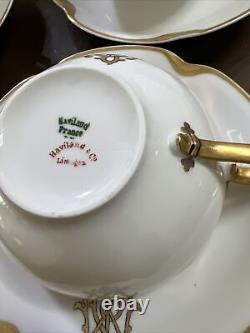 Set 8 Haviland Limoges CUP+SAUCER Monogrammed White Gold 1925