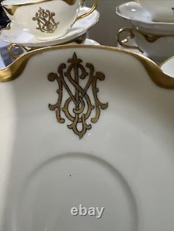 Set 8 Haviland Limoges CUP+SAUCER Monogrammed White Gold 1925