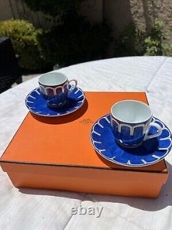 Set Of 2 Hermes Bleus d'Ailleurs Demitasse porcelain Coffee Tea Cup Saucer Blue