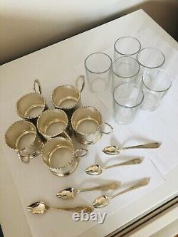 Set Of 6 Vtg Sterling Silver Russian Engraved Coffee Tea Cups Spoons Glass Cups