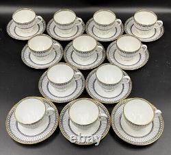Set of 12 Wedgwood Colonnade Black Ulander White Gold Tea Cups & Saucers