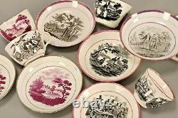 Set of 13 Sunderland Black & Pink Transferware Lustre 19th C. Teacups & Saucers