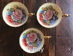 Set of 3 Aynsley J A Bailey Cup & Saucer Cabbage Roses Floral Gold Teacup Signed