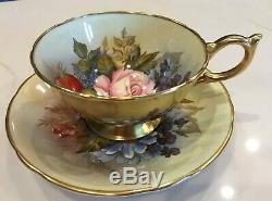 Set of 4 Aynsley J A Bailey Cup & Saucer Cabbage Roses Floral Gold Teacup Signed