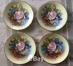 Set of 4 Aynsley J A Bailey Cup & Saucer Cabbage Roses Floral Gold Teacup Signed