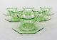 Set Of 6 Hexagon Tea Cups & Octagon Saucers, Fancy Green Depression Glass, 1930s