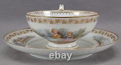 Sevres Hand Painted Watteau Scene & Gold Ivy Leaf Footed Tea Cup & Saucer C