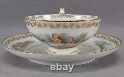 Sevres Hand Painted Watteau Scene & Gold Ivy Leaf Footed Tea Cup & Saucer C