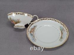 Sevres Hand Painted Watteau Scene & Gold Ivy Leaf Footed Tea Cup & Saucer C