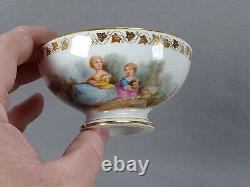 Sevres Hand Painted Watteau Scene & Gold Ivy Leaf Footed Tea Cup & Saucer C