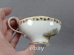 Sevres Hand Painted Watteau Scene & Gold Ivy Leaf Footed Tea Cup & Saucer C